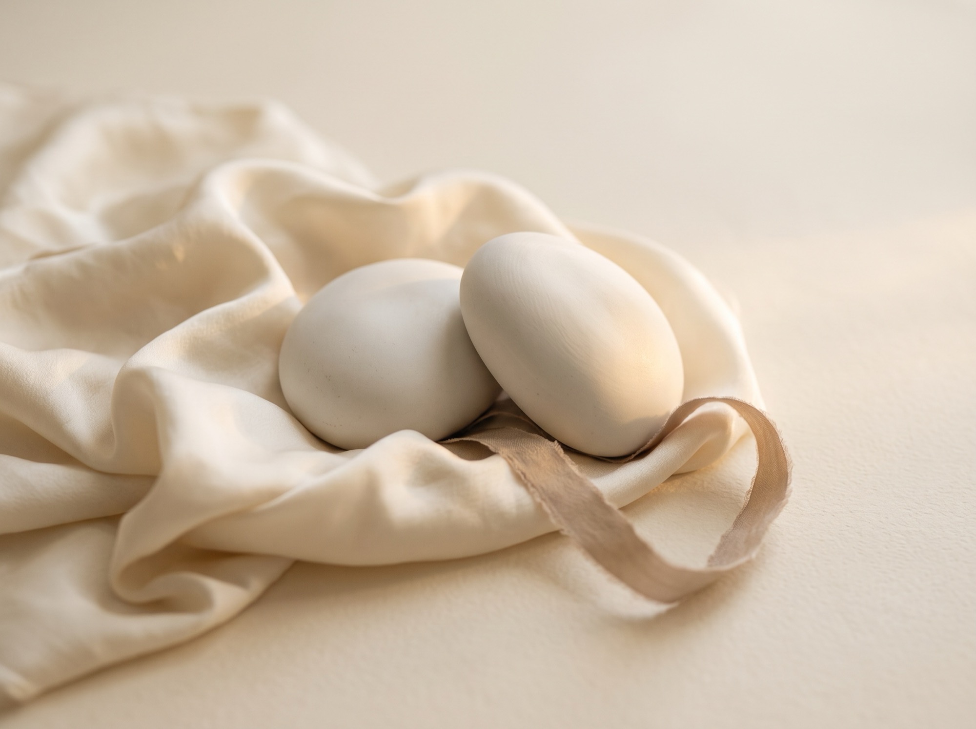 Smooth porcelain forms resting on draped cream silk