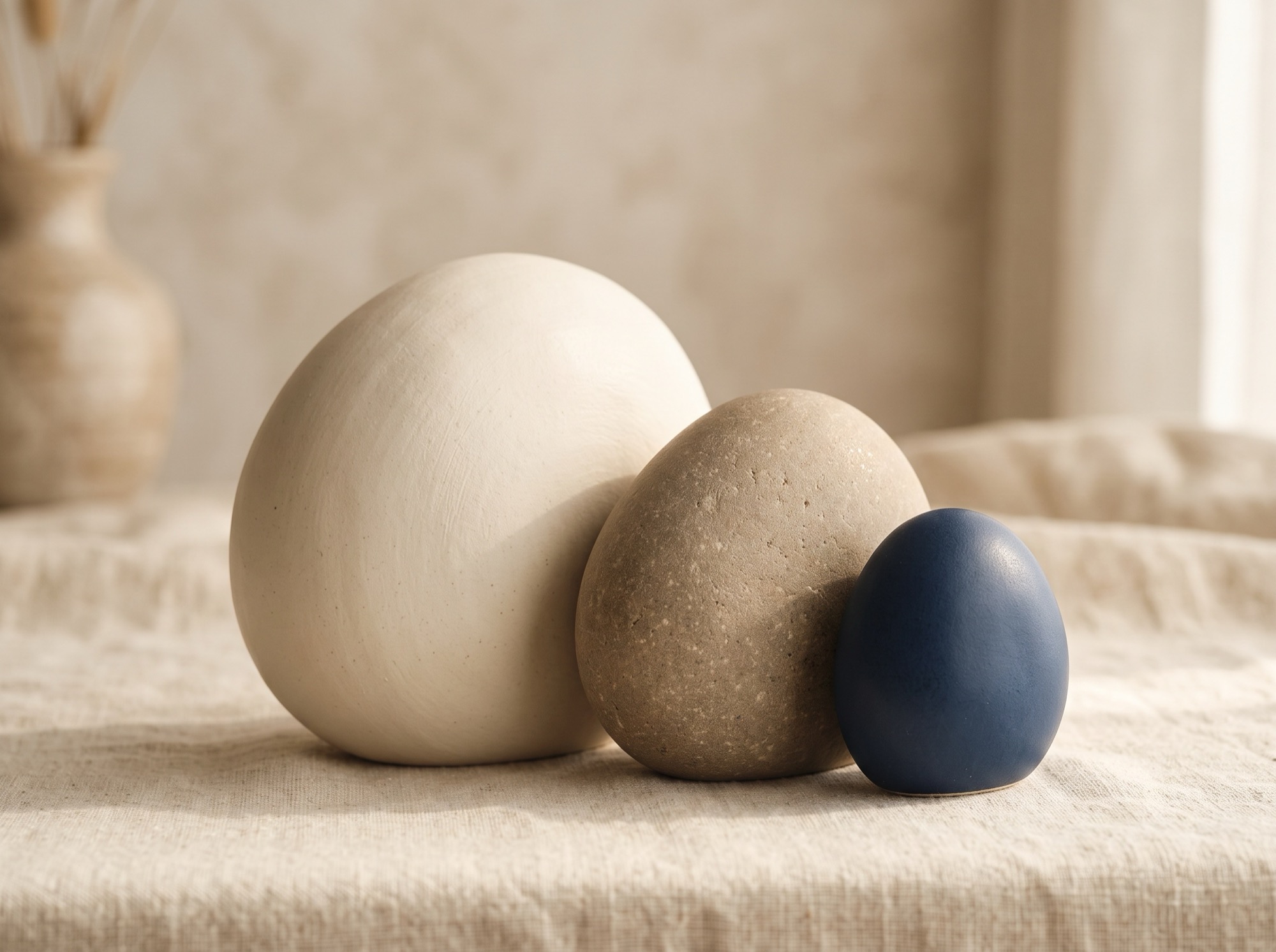 Three nested ceramic pebbles in ivory, taupe and small navy, a family in still life