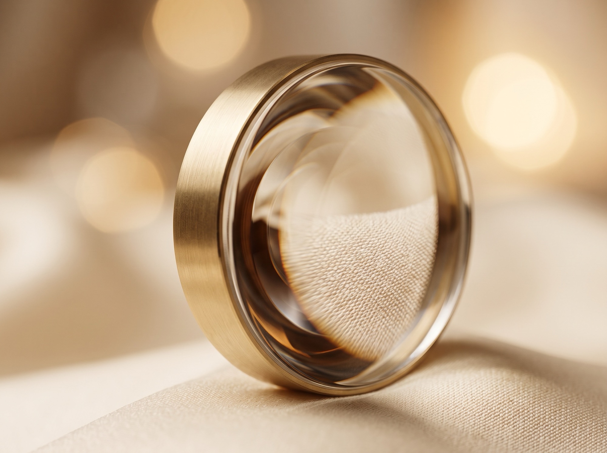 Brass microscope lens resting on warm linen